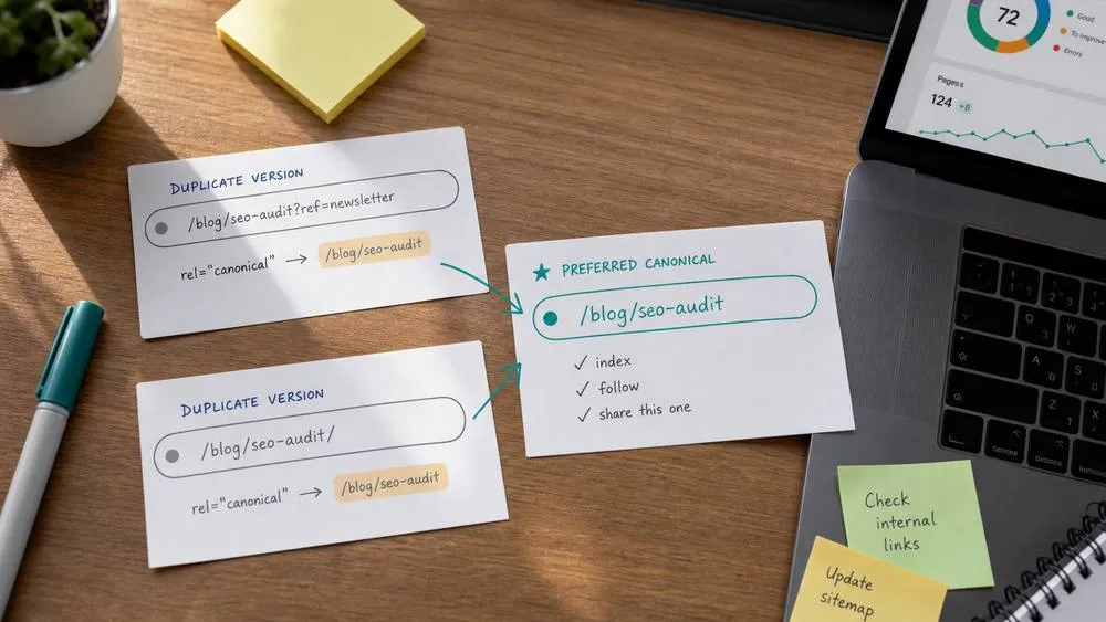 Canonical tags for SEO planning board that maps duplicate URLs to one preferred page