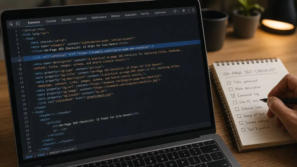 A laptop source-code view with a highlighted canonical tag check