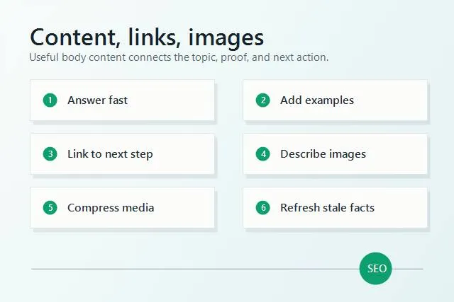 content internal links and image checklist for on page SEO