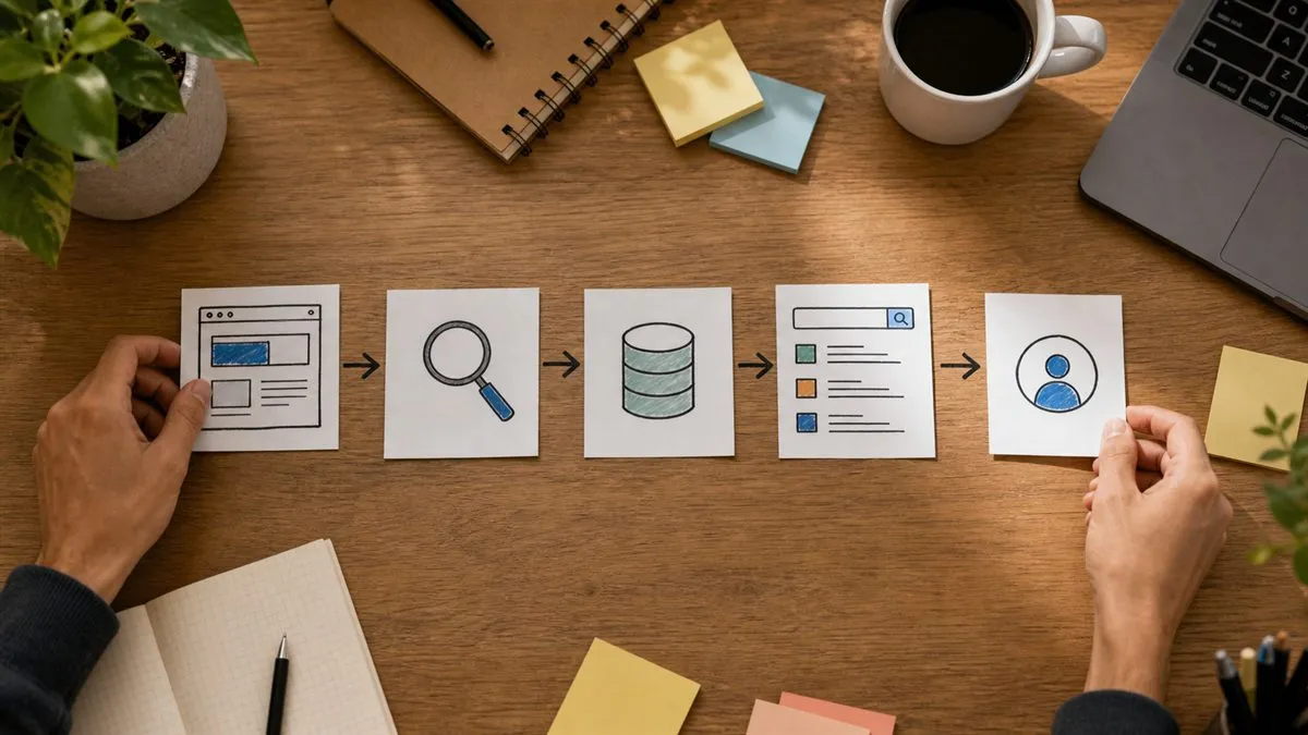 Hands arranging website, crawler, index, search result, and visitor cards on a desk