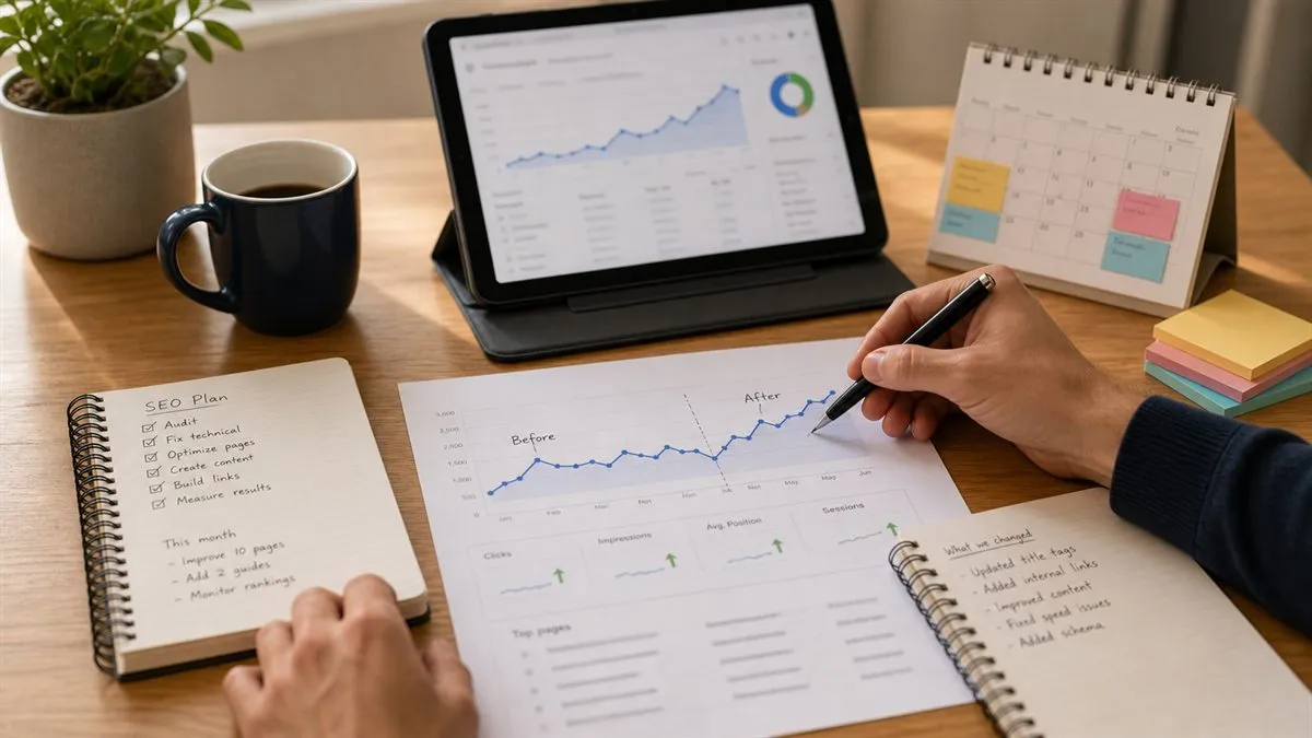 Measuring SEO progress with a printed chart, notebook, and analytics tablet