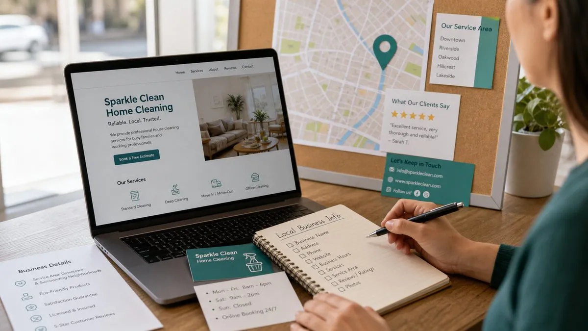 A local business owner organizing details for LocalBusiness schema markup