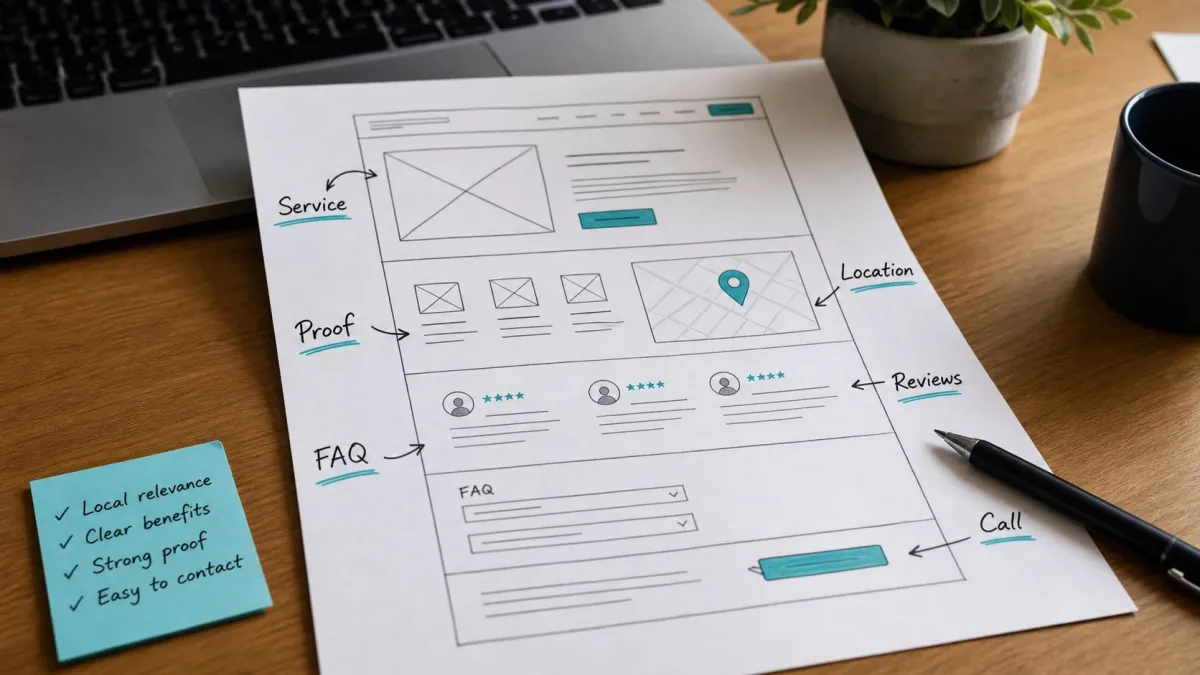 Local service page wireframe with reviews, FAQ, and call to action notes