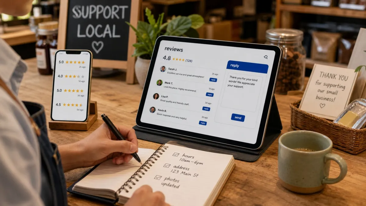 Local business review and profile update workflow at a shop counter