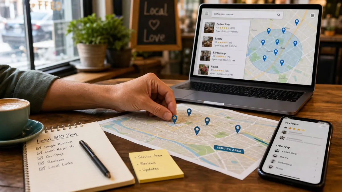 Local SEO map and profile visibility review on a desk
