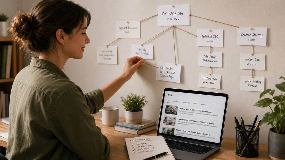 Site owner grouping orphan pages into topic clusters before deciding which pages to keep