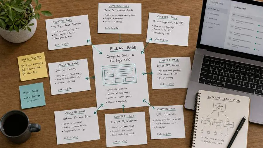 SEO site structure hub and cluster map connecting pillar pages to supporting articles