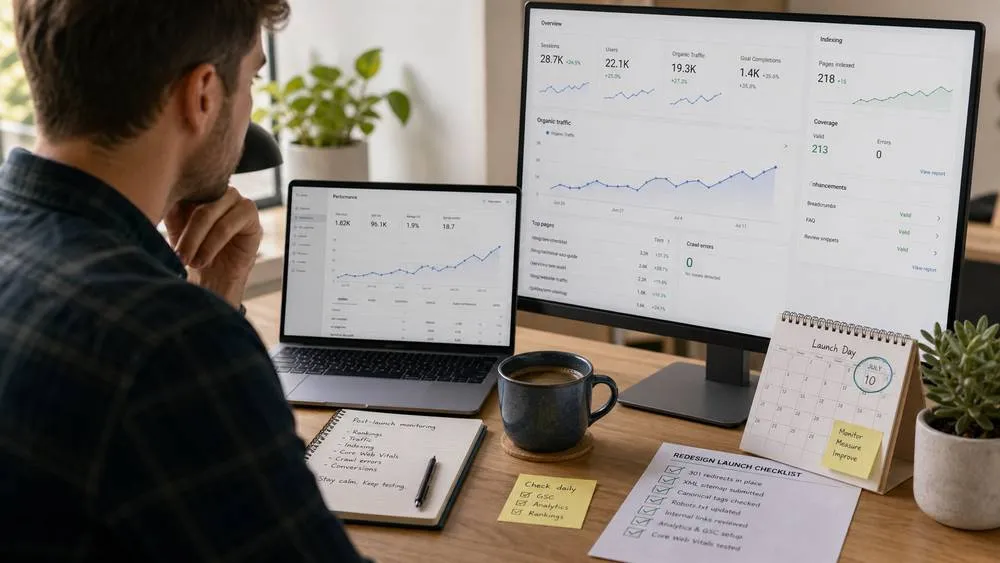 Post-launch SEO monitoring dashboard after website redesign