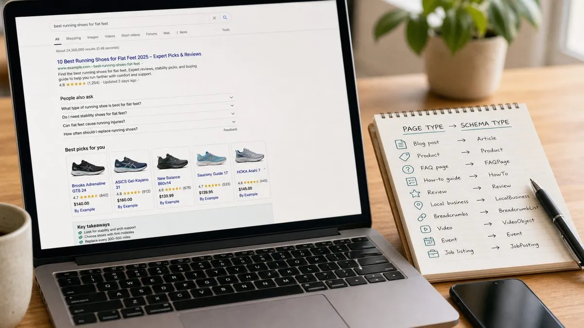 Schema markup for SEO planning with rich result previews on a laptop