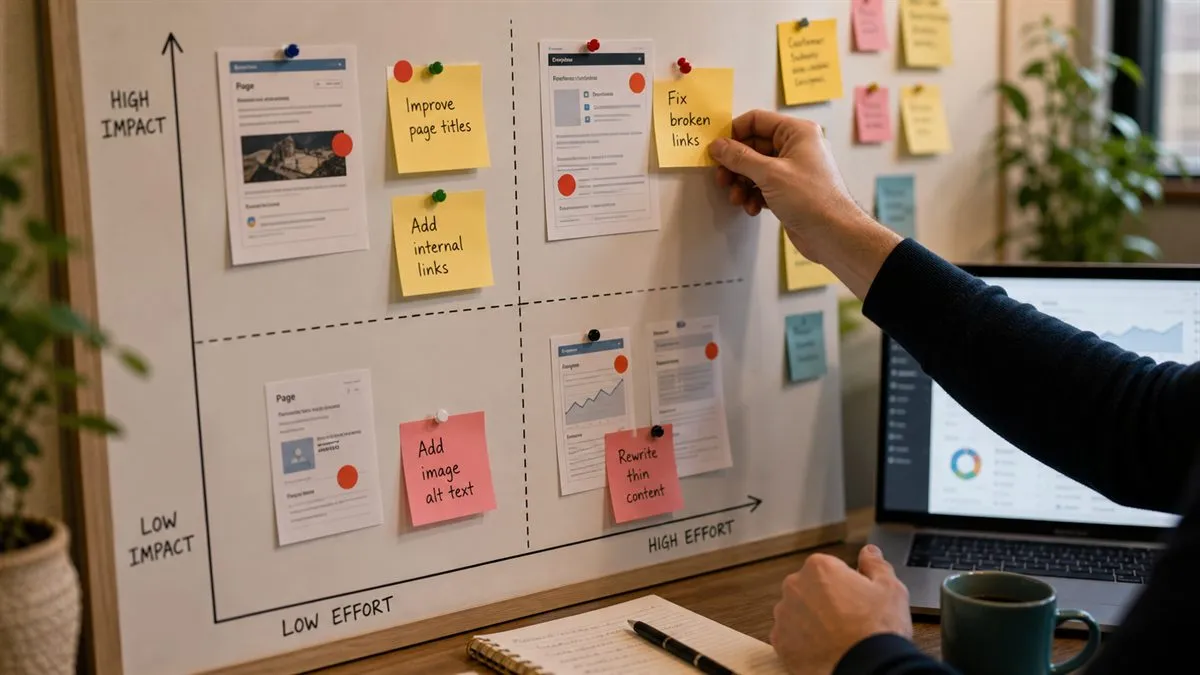 Hand moving SEO issue notes on an impact and effort priority board