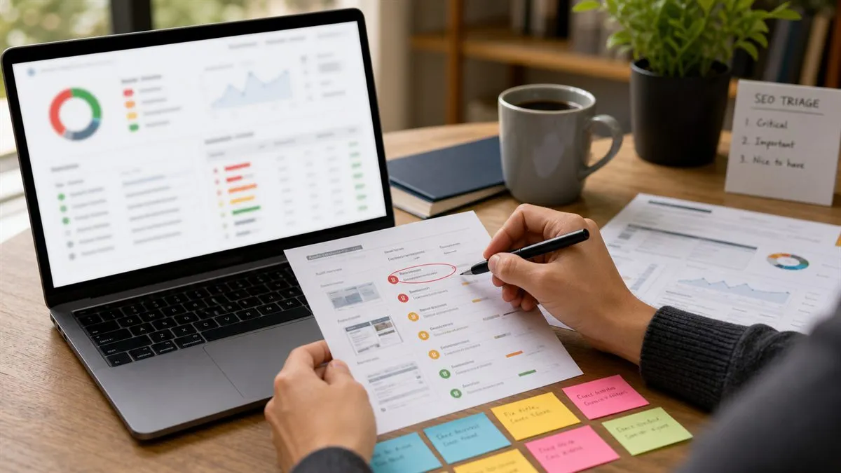 SEO triage dashboard review with printed website pages and priority notes