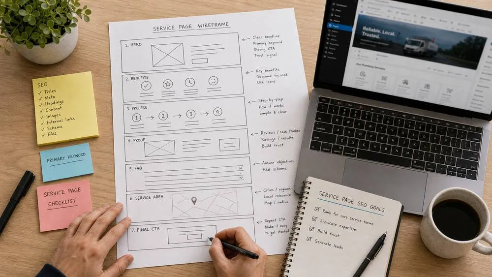 Service page SEO wireframe showing headline proof sections and call to action