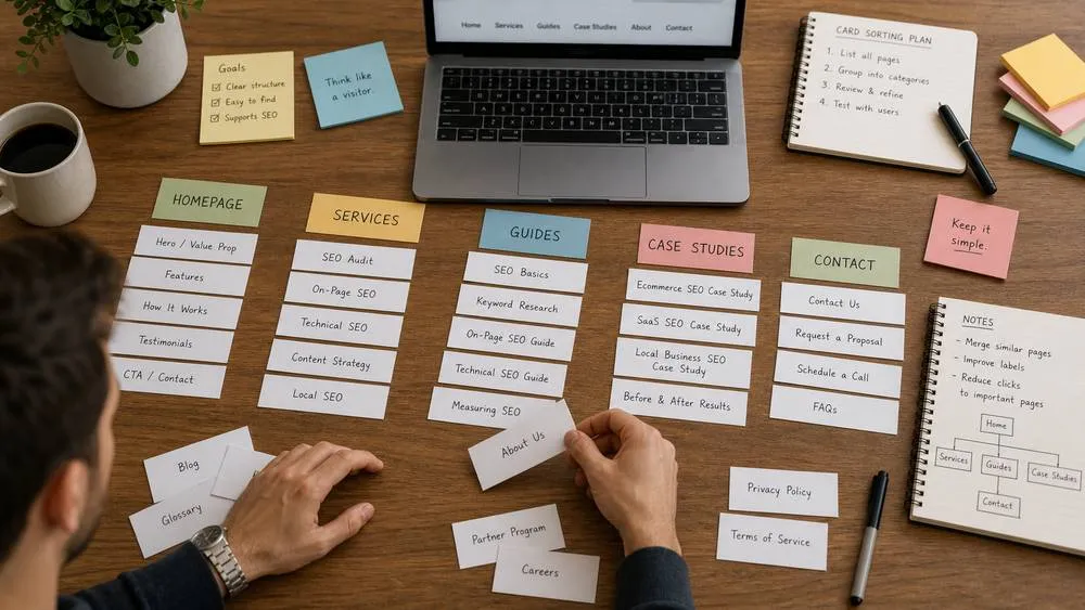 SEO site structure planning with page cards grouped by topic