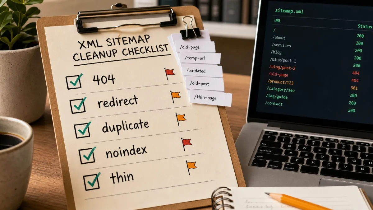 XML sitemap cleanup checklist with redirects, duplicates, and thin pages