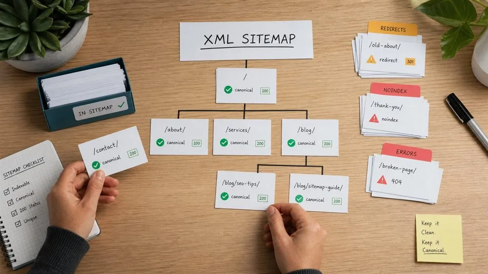 XML sitemap URL selection cards organized on a desk