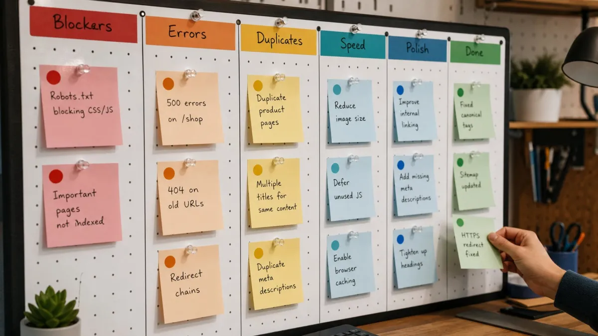 Technical SEO fix board with blockers, errors, duplicates, speed, and links