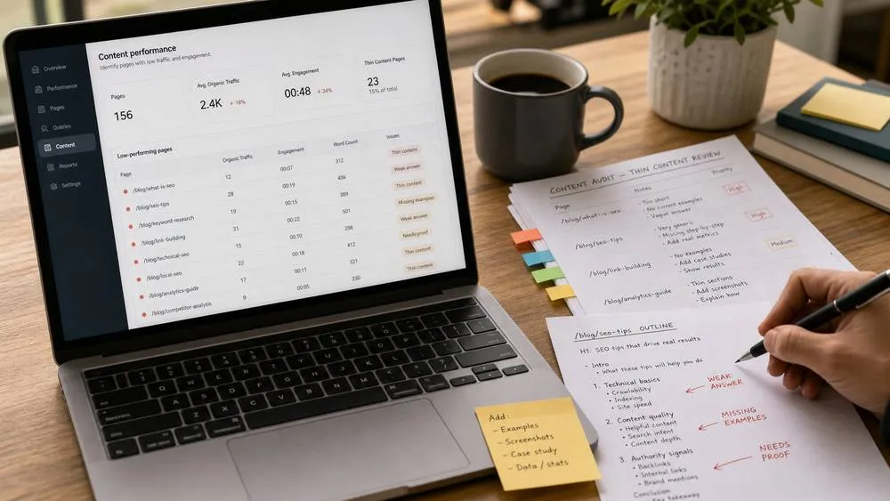 Thin content SEO audit dashboard showing weak pages to review