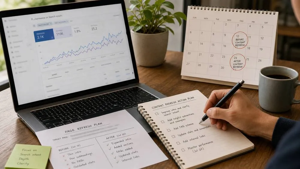 Site owner measuring thin content SEO refresh results after updating weak pages