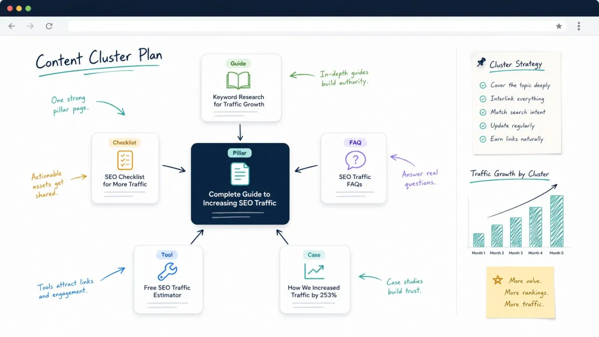 Content cluster plan connecting topics to supporting pages