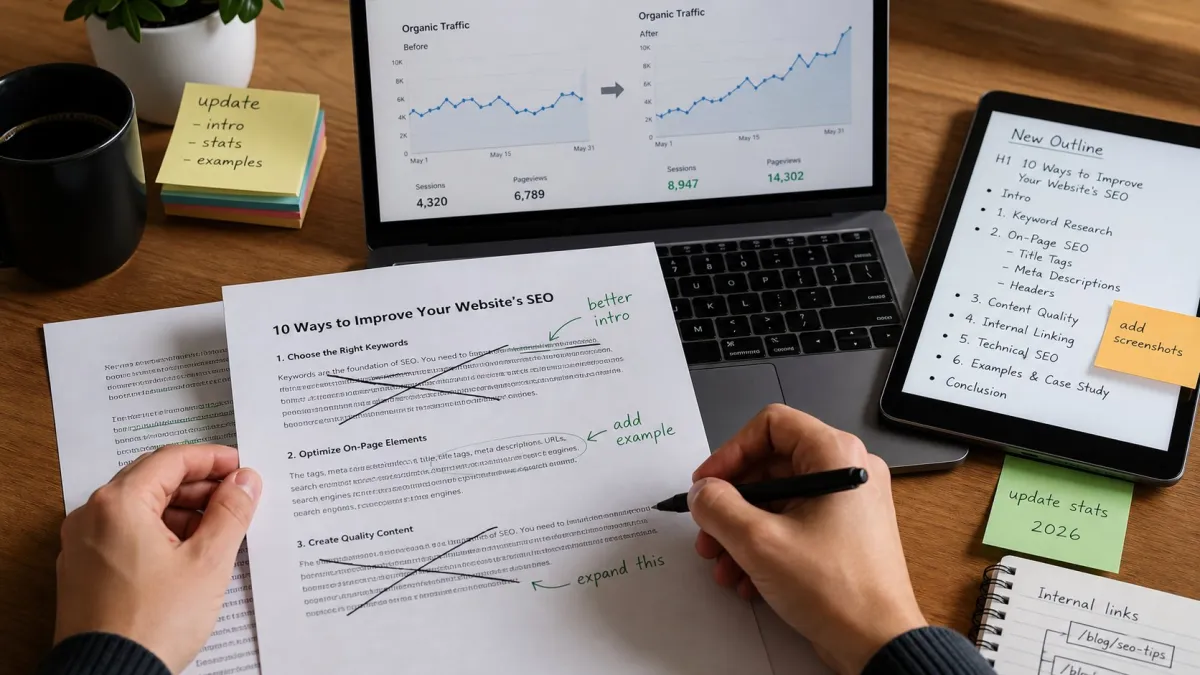 Content refresh notes and traffic report on a desk