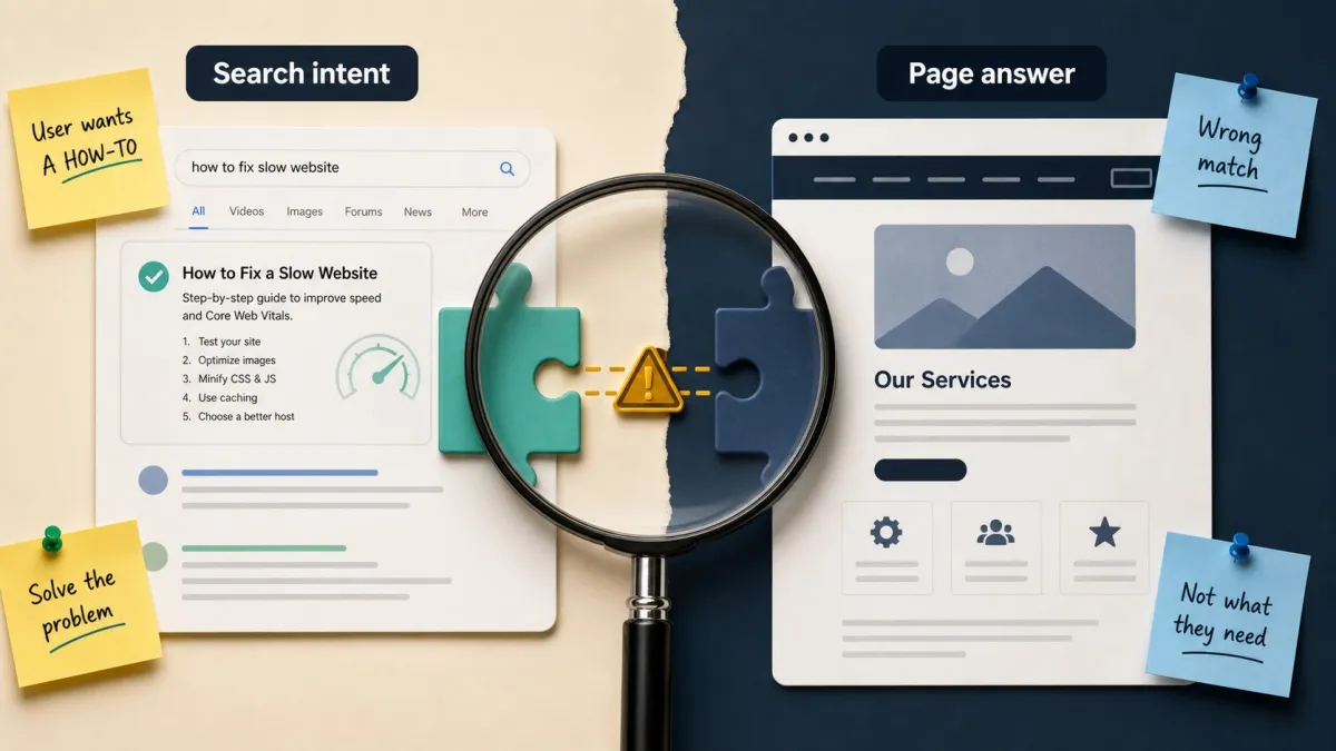 Search intent comparison between user needs and a page answer