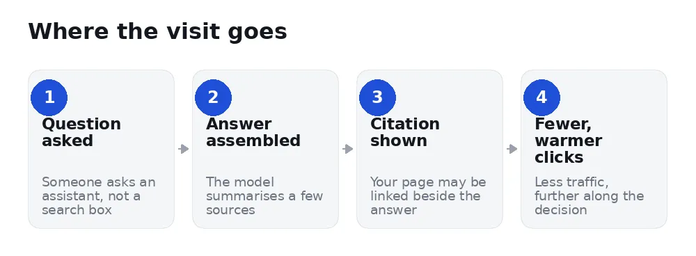 how a question becomes an AI answer with a citation, producing fewer but warmer clicks