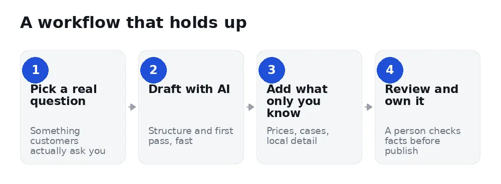 four-step workflow: pick a real question, draft with AI, add what only you know, review and own it
