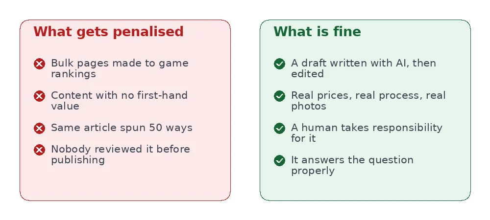 comparison of AI content that gets penalised versus AI content that is perfectly acceptable
