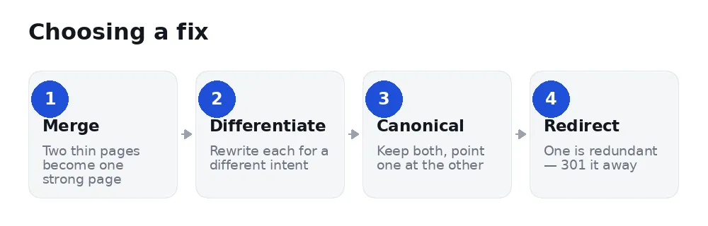four ways to resolve keyword cannibalization: merge, differentiate, canonical, redirect