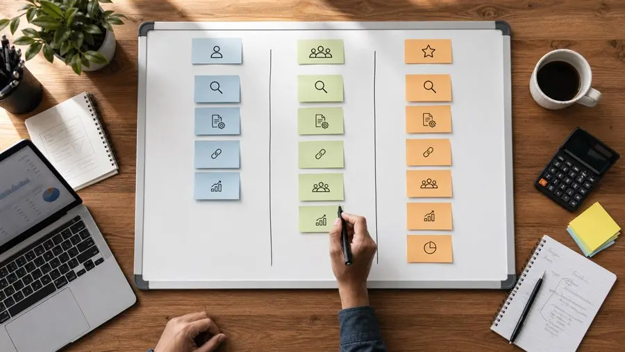 Freelancer planning how to price SEO services with package notes and calculator