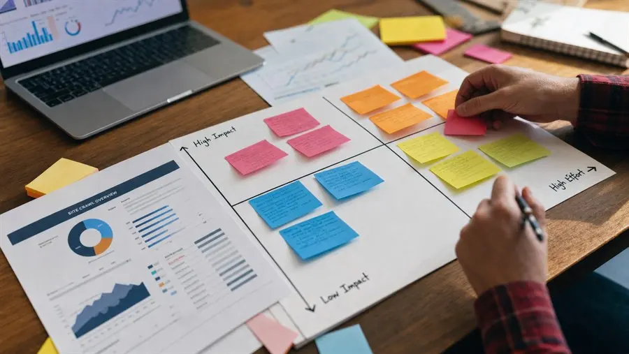SEO audit for a client priority board with crawl data and impact notes