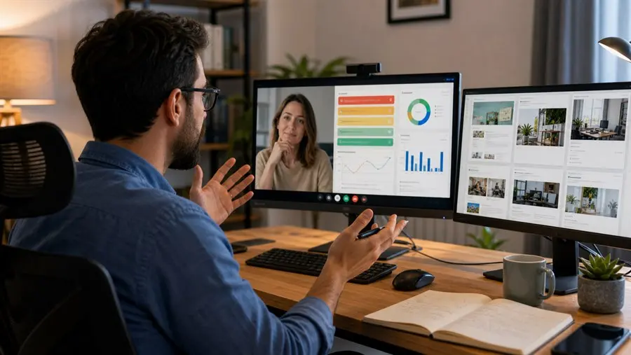 Consultant presenting an SEO audit for a client on a video call